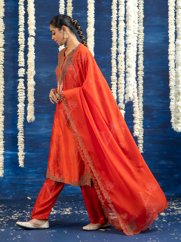 Orange Embroided Kurta and Pant Set