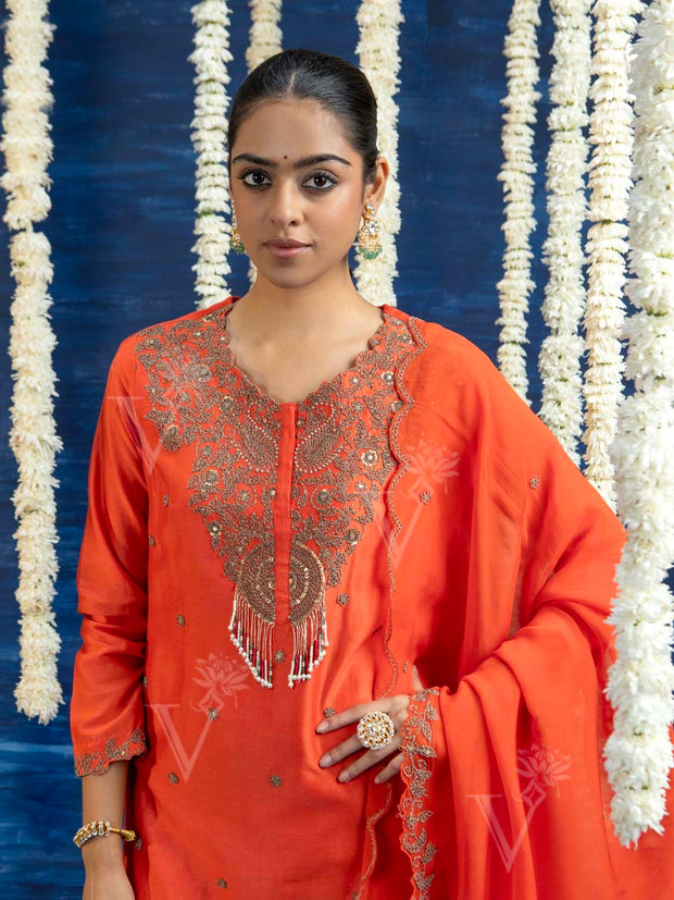 Orange Embroided Kurta and Pant Set