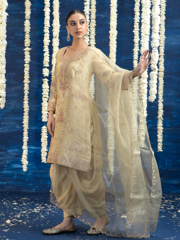 Cream Embroided Kurta and Pant Set
