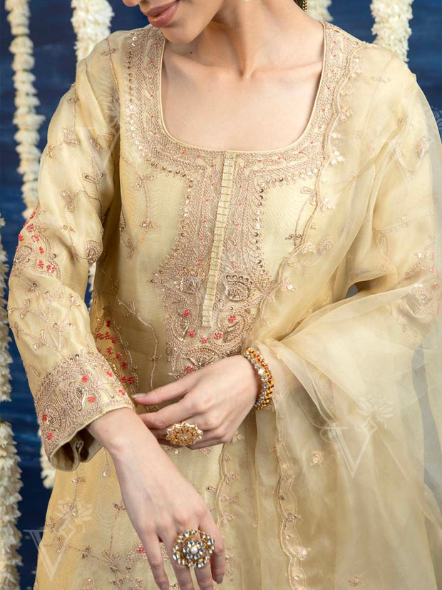Cream Embroided Kurta and Pant Set