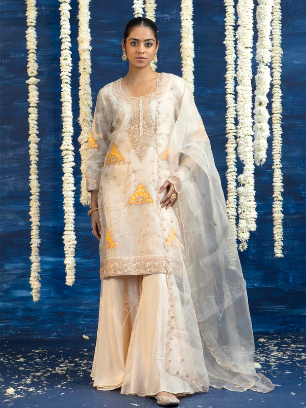Off White Embroided Kurta and Sharara Set