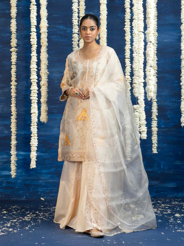 Off White Embroided Kurta and Sharara Set