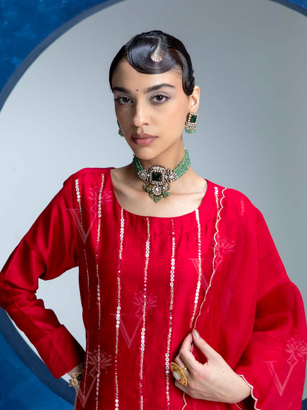 Red Embroided Kurta and Pant Set