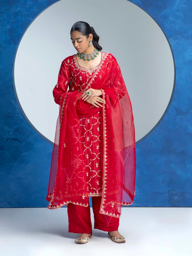 Red Embroided Kurta and Pant Set