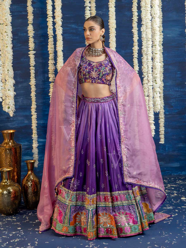 Violet Ombre Vasansi Silk Embroided Lehenga Set