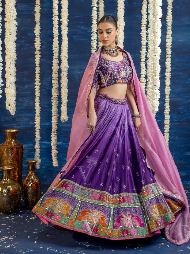 Violet Ombre Vasansi Silk Embroided Lehenga Set