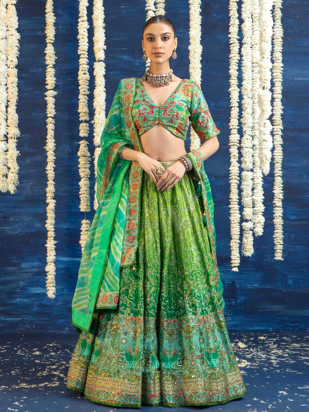 Green Vasansi Silk Embroided Lehenga Set