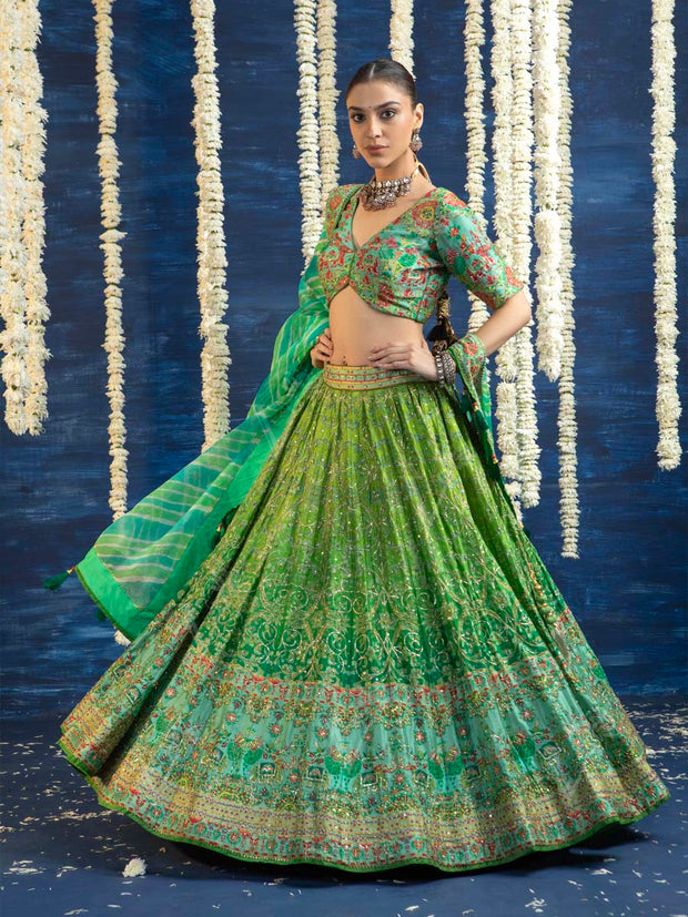 Green Vasansi Silk Embroided Lehenga Set