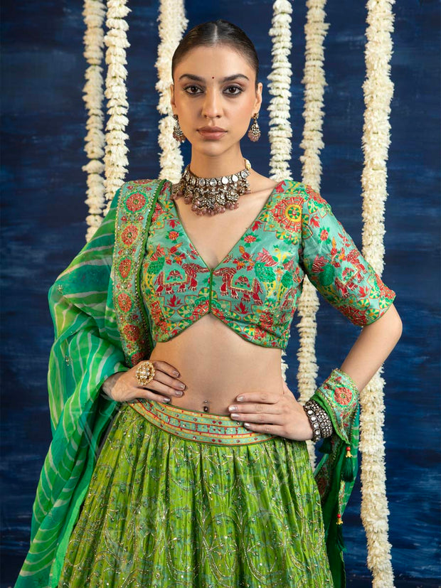 Green Vasansi Silk Embroided Lehenga Set
