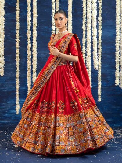 Red Vasansi Silk Embroided Lehenga Set