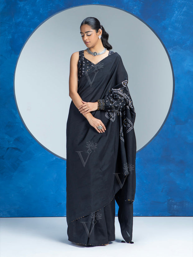 Black Vasansi Silk Bandhani Saree