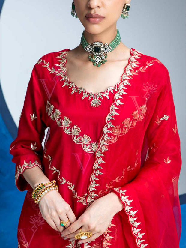 Red Embroided Kurta and Pant Set