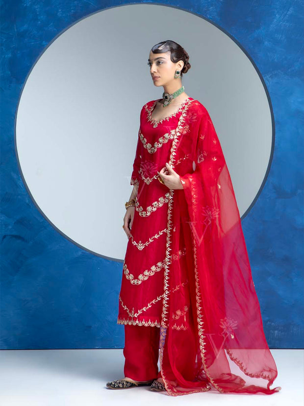 Red Embroided Kurta and Pant Set