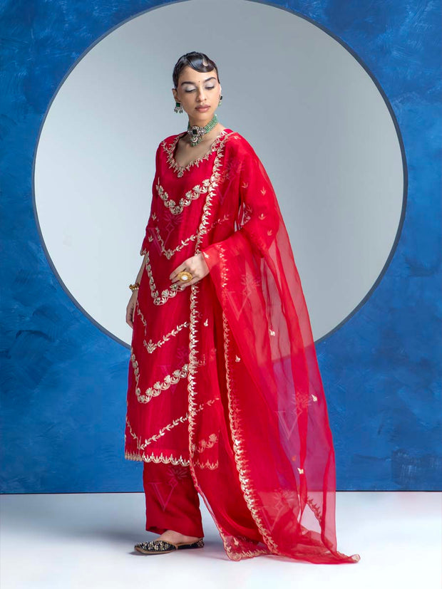 Red Embroided Kurta and Pant Set