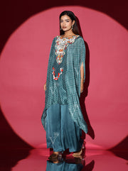 Teal Green Embroidered Kaftan and Palazzo Set