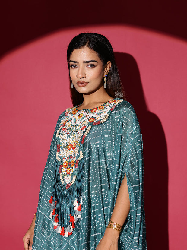 Teal Green Embroidered Kaftan and Palazzo Set