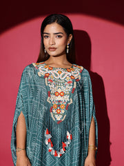 Teal Green Embroidered Kaftan and Palazzo Set