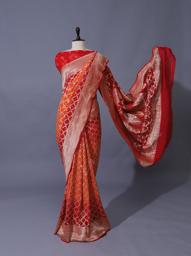 Red and Orange Georgette Zari Saree