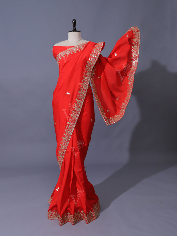 Coral Red Vasansi Silk Gota Patti Saree