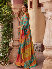 Green and Red Vasansi Silk Printed Saree