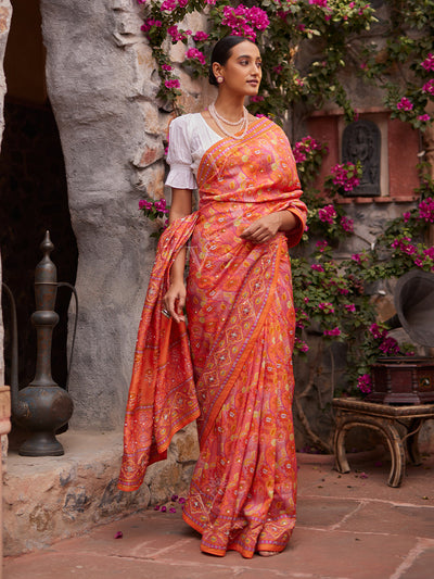 Orange and Pink Vasansi Silk Printed Saree