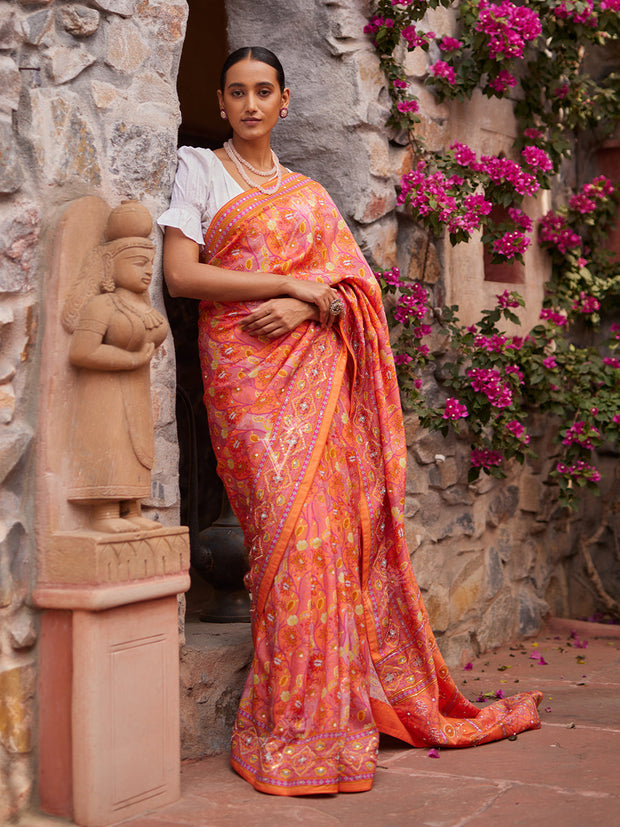 Orange and Pink Vasansi Silk Printed Saree