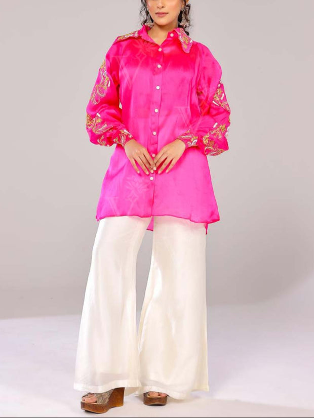 Fuchsia Pink Embroidered Shirt with Palazzo Pants