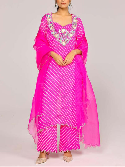 Pink Leheriya Embroidered Bustier and Pant Set