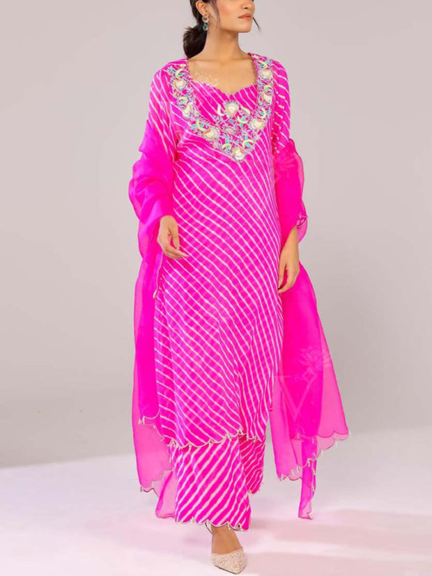 Pink Leheriya Embroidered Bustier and Pant Set