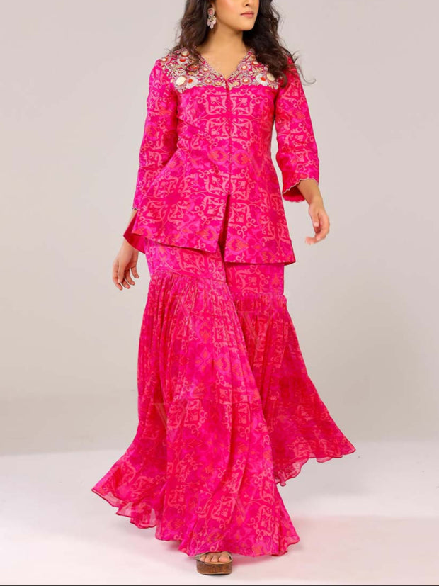Fuchsia Pink Embroided Jacket and Sharara Pants