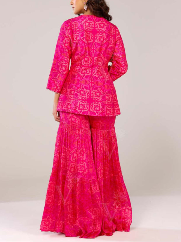 Fuchsia Pink Embroided Jacket and Sharara Pants