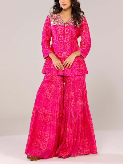 Fuchsia Pink Embroided Jacket and Sharara Pants