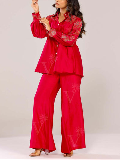 Crimson Red Embroidered Bustier with Shirt and Flared Pants