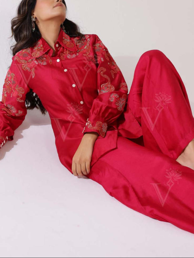 Crimson Red Embroidered Bustier with Shirt and Flared Pants