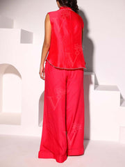 Crimson Red Embroidered Cape with Bustier and Flared Pants