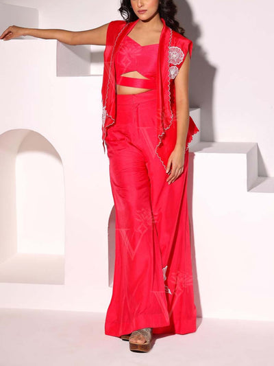 Crimson Red Embroidered Cape with Bustier and Flared Pants