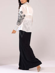 Black and White Embroidered Shirt with Wide-Leg Pants
