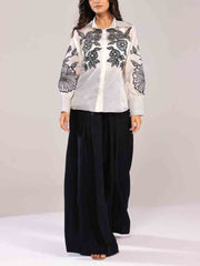 Black and White Embroidered Shirt with Wide-Leg Pants