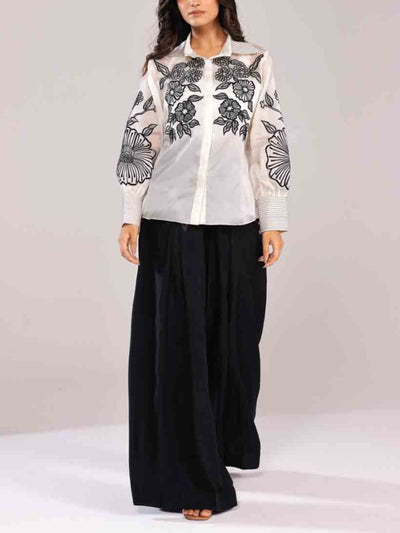 Black and White Embroidered Shirt with Wide-Leg Pants
