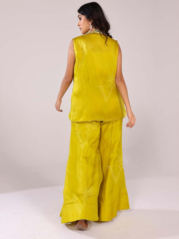 Lime Yellow Embroidered Bustier with Flared Pants