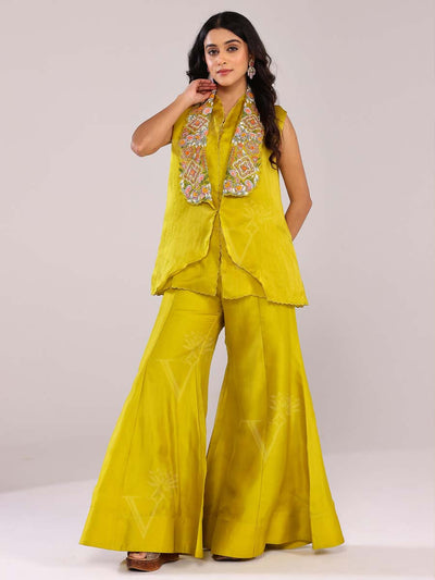 Lime Yellow Embroidered Bustier with Flared Pants