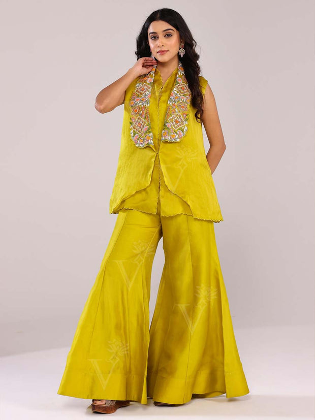 Lime Yellow Embroidered Bustier with Flared Pants