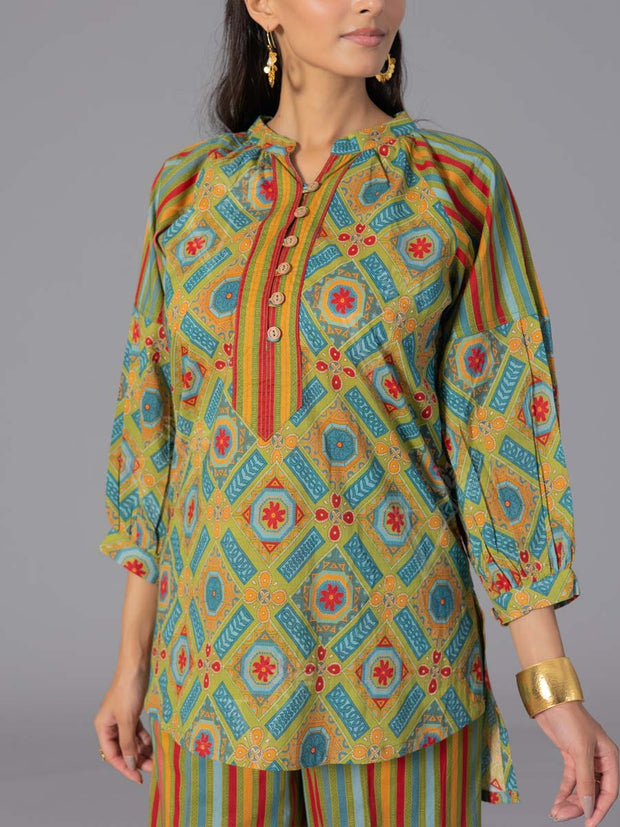 Green Cotton Printed Co-Ord Set