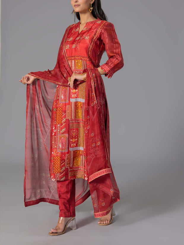 Red Printed Suit Set