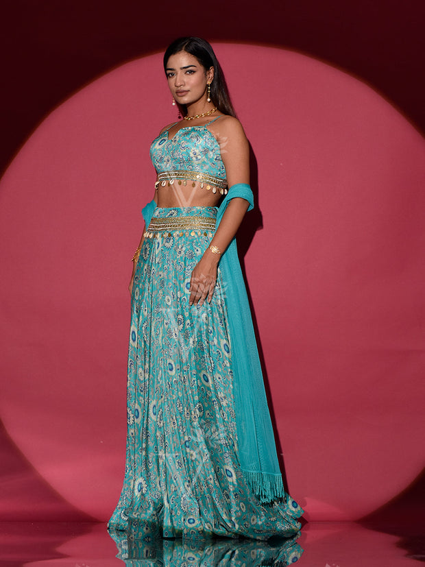 Light Blue Crepe Printed Lehenga Set