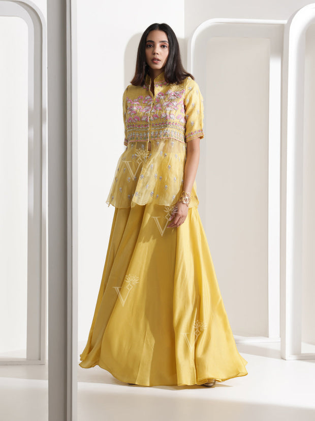 Lemon Yellow Organza Peplum Palazzo Set