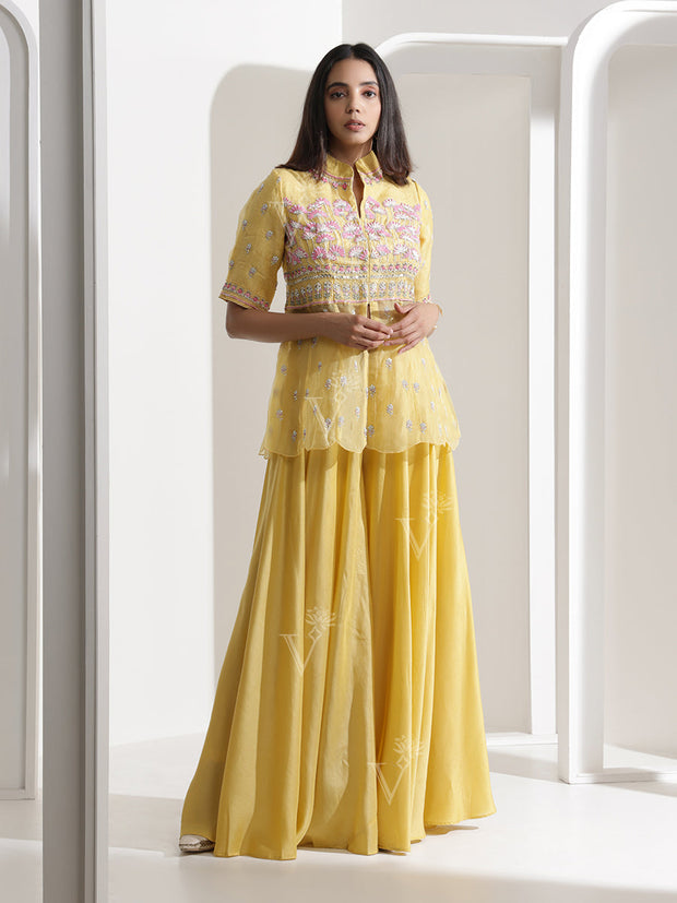 Lemon Yellow Organza Peplum Palazzo Set