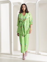 Parrot Green Silk  Jacket with bustier Pant Set