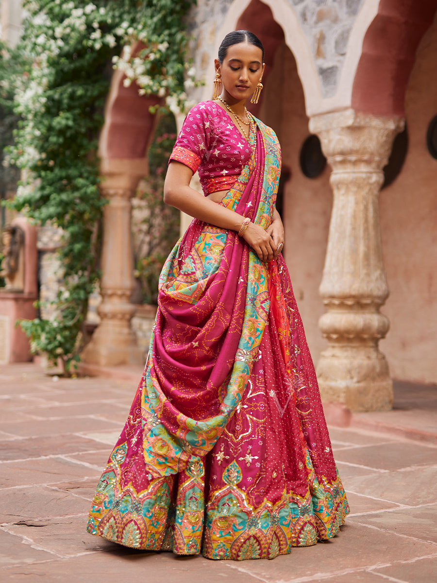 Buy Raspeberry Pink Vasansi Silk Gota Patti Bandhni Printed Lehenga Set ...