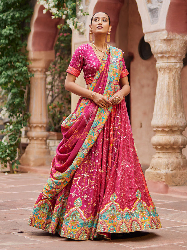 Raspberry Pink Vasansi Silk Gota Patti Bandhni Printed Lehenga Set